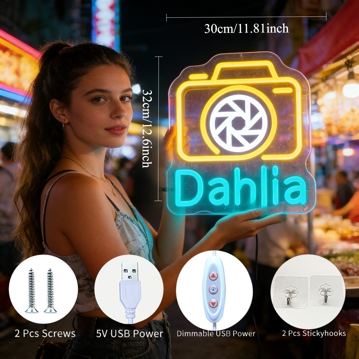Dahlia Camera Neon Light Sign  - Vintage Photography Lighting บทวิจารณ์และราคา